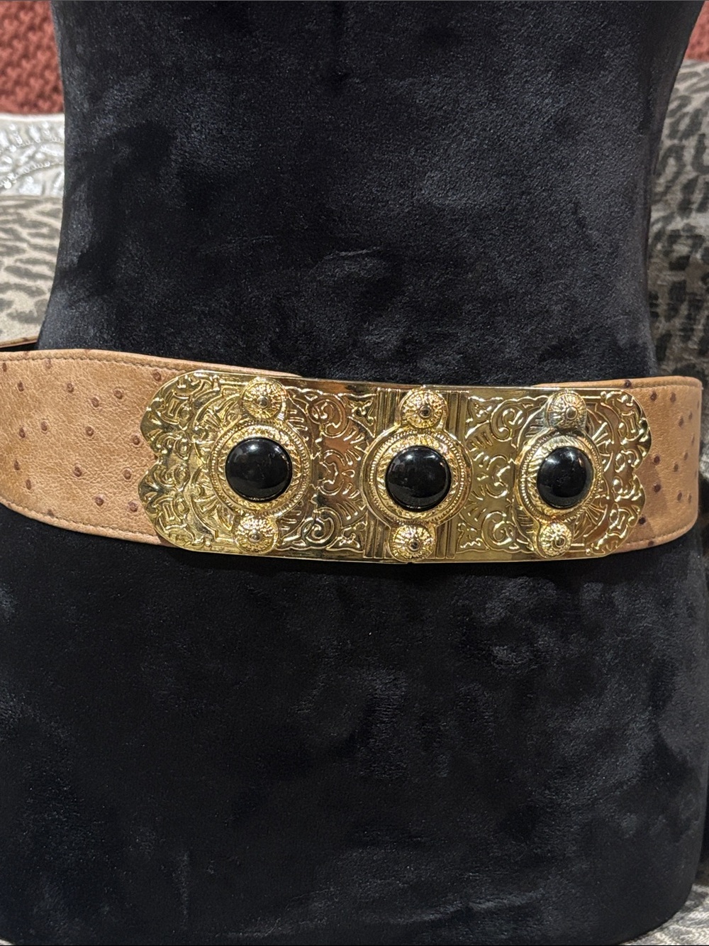 Vintage maximalist belt faux ostrich gold tone gladiator buckle leather belt